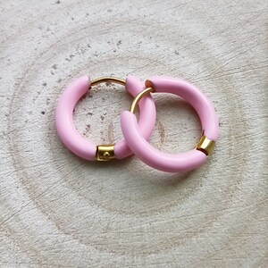 May include: A pair of pink hoop earrings with a gold accent. The earrings are made of a thick, rounded material.