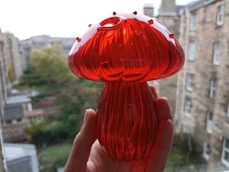 May include: A red glass mushroom shaped pipe with a small hole on top. The pipe has a textured surface and is held in a hand.