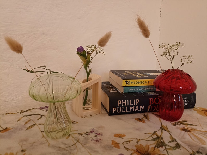May include: Two mushroom-shaped glass vases, one green and one red, with dried flowers and a book titled "The Book of Dust" by Philip Pullman.