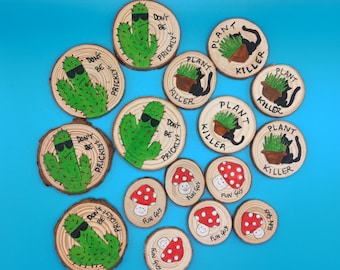 Set of 3 funny magnets, small magnets, funny cat magnet, cactus magnet, plant magnets, plant lovers gift, wood magnets