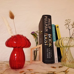 May include: Two glass mushroom-shaped vases, one red and one green, with dried flowers and a stack of books behind them. The books are titled "The Book of Dust" by Philip Pullman and "La Belle Sauvage" by Philip Pullman.