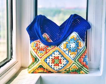 Crochet Granny Square Bag Pattern: Colorful Tote, Beach Bag (PDF