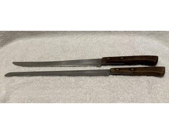 FLINT Stainless Vanadium 9" Serrated & 8.5" Slicing Knife (Set Of 2) USA Vintage