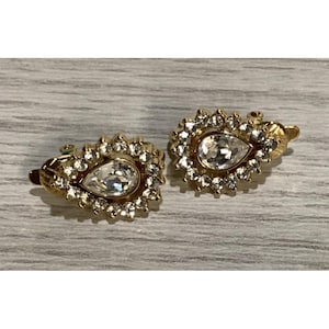 Goldtone Clip On Earrings w/ Faux Diamonds Teardrop Vintage