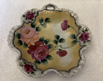 Vintage Japan Hand Painted Candy Nut Dish Floral Gold Accent Textured 7.5"