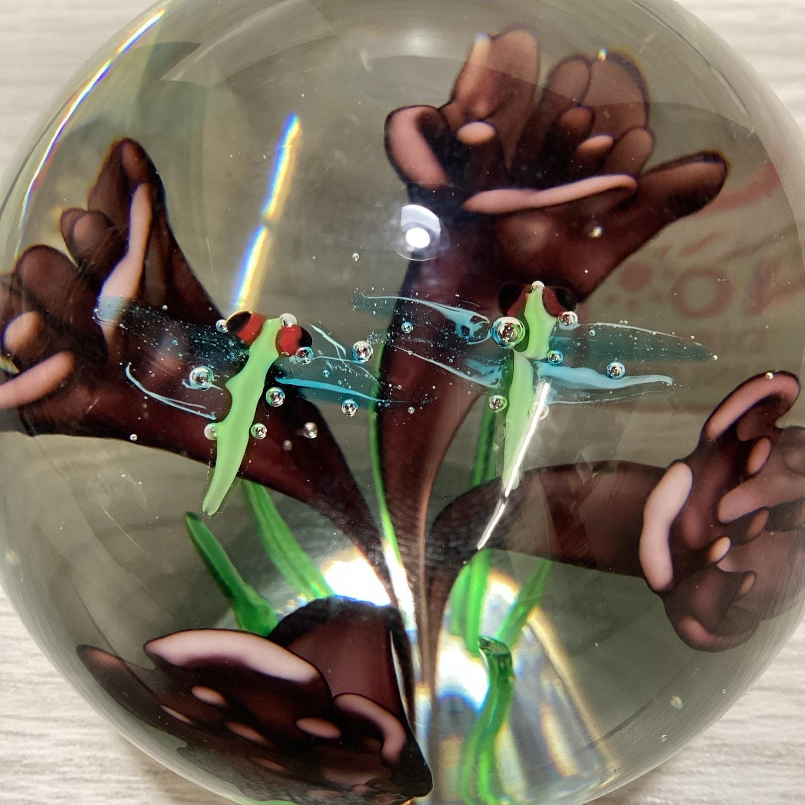 DYNASTY GALLERY Art Deco Glass Paperweight 3x3" Multicolor Flowers & Dragonfly