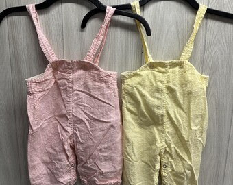 Vintage Baby Girl Overalls (Set of 2) Pink & Yellow Textured  Striped