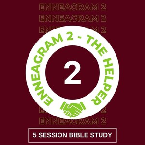 Puede incluir: Un círculo blanco con un borde verde y el texto "ENNEAGRAM 2 - THE HELPER" alrededor del borde. El círculo contiene un número 2 blanco sobre un fondo marrón. Un símbolo de apretón de manos verde se encuentra debajo del círculo. El texto "ENNEAGRAM 2" aparece arriba y debajo del círculo. El texto "5 SESSION BIBLE STUDY" aparece debajo del círculo.