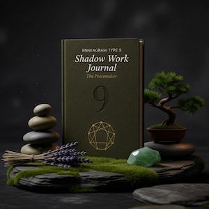 May include: An olive green journal with the text Enneagram Type 9 Shadow Work Journal The Peacemaker printed on the cover. The cover features a large number 9 and a geometric enneagram symbol. It is displayed with stacked stones and lavender.