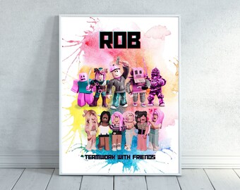 May include: A digital art print featuring a group of Roblox characters, including a pink robot, a knight, and several avatars. The print has a watercolor background with splashes of pink, blue, and yellow. The text "ROB" is at the top of the print, and the text "TEAMWORK WITH FRIENDS" is at the bottom.