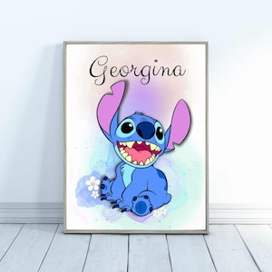 Spersonalizowany cyfrowy plakat z imieniem Stitch, cyfrowe wydruki Stitch do pobrania, miłośnicy Stitch, dekoracja do pokoju dziecięcego.
