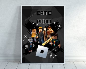 May include: Black and white digital art print featuring a group of Roblox characters in front of the Roblox logo. The text "GAME ROOM" is at the top of the print.