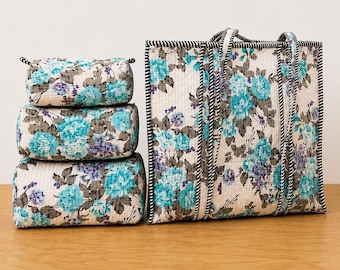 Conjunto de 4 piezas de bolso de mano acolchado y neceser, conjunto de bolso de viaje de algodón floral hecho a mano, organizador de maquillaje, regalo para mujer.