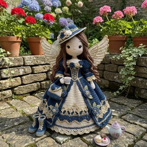 以下が含まれることがあります： 青とクリーム色のビクトリア朝風のドレス、帽子、ブーツを着た手作りのかぎ針編み人形。 人形は天使の羽を持ち、ティーカップとハンドバッグを持っています。 ミニチュアのティーセットとペストリーが近くにあります。