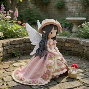 Può includere: Una bambola fata all'uncinetto fatta a mano con capelli grigi, ali bianche e un vestito rosa ornato di rose. La bambola indossa un cappello abbinato e porta un piccolo cestino. La fata è posizionata su un patio in mattoni, circondata da fiori e verde.