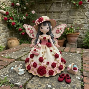 Può includere: Una bambola fata all'uncinetto fatta a mano con un vestito color crema e rosa ornato di rose rosse, un cappello e ali abbinati. Gli accessori includono una borsetta, scarpe e un cestino con filato. La bambola è su un patio di mattoni con fiori.