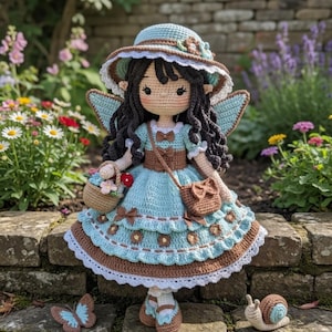 May include: A handmade crochet fairy doll in a blue and brown dress, hat, and wings. The doll has black hair and carries a basket of flowers and a small purse. A crochet butterfly and snail are nearby. The doll is on a stone wall in a garden.
