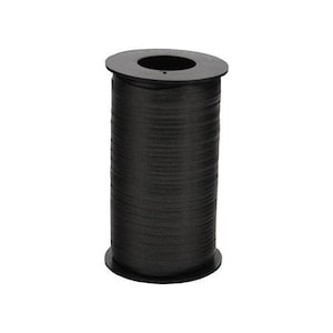 May include: A spool of black curling ribbon, ideal for gift wrapping and crafts. The ribbon is tightly wound around a cylindrical core, with a flat top and bottom. The ribbon is a solid, matte black color.