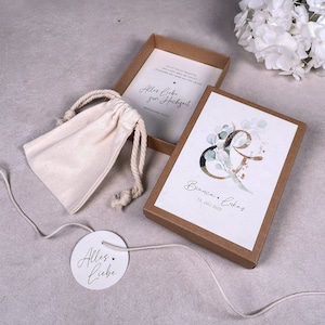 Geschenkschachtel „LOKI“ | Geschenkbox | Geschenk zur Hochzeit | Geldgeschenk personalisiert mit Namen, Baumwollsäckchen + Anhänger