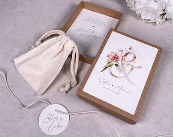 Geschenkschachtel „HOPE“ | Geschenkbox | Geschenk zur Hochzeit | Geldgeschenk personalisiert mit Namen, Baumwollsäckchen + Anhänger