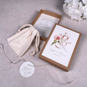 Geschenkschachtel HOPE Geschenkbox Geschenk zur Hochzeit Geldgeschenk personalisiert mit Namen, Baumwollsäckchen Anhänger Bild 1