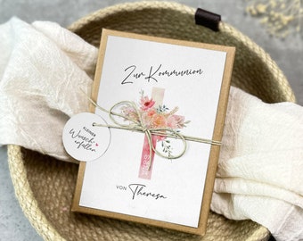 Geschenkschachtel zur Konfirmation, Firmung, Kommunion | Geldgeschenk personalisiert mit Namen, Baumwollsäckchen + Anhänger, Blumenkreuz 1