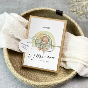 Geschenkschachtel BabyBoyBär zur Geburt | Geldgeschenk zur Geburt | personalisiert mit Namen, Baumwollsäckchen + Anhänger