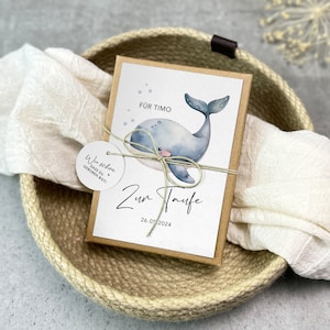 Geschenkschachtel  zur Taufe | Taufgeschenk | Geldgeschenk zur Taufe | personalisiert mit Namen, Baumwollsäck. + Anhänger, Wal Serie Nr. 37