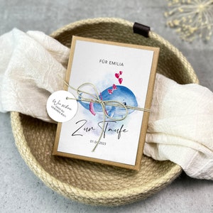 Geschenkschachtel WAL-Mädchen zur Taufe | Geldgeschenk zur Taufe| personalisiert mit Namen, Baumwollsäckchen + Anhänger