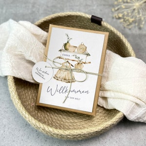 Geschenkschachtel LENI zur Geburt | Geldgeschenk zur Geburt | personalisiert mit Namen, Baumwollsäckchen + Anhänger
