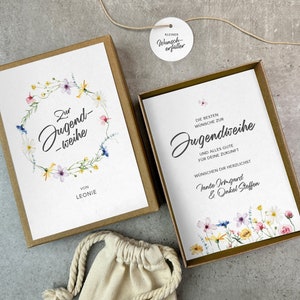 Geschenkschachtel „Leonie“ zur Jugendweihe | Geldgeschenk zur Jugendweihe | personalisiert mit Namen, Baumwollsäckchen + Anhänger