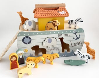 Arche Noah Steckboot Holz | Personalisiert | Taufgeschenk Junge & Mädchen | Taufe | Arche Noah Steckspie l Montessorispielzeug | 131078