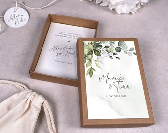 Geschenkschachtel „LEON“ | Geschenkbox | Geschenk zur Hochzeit | Geldgeschenk personalisiert mit Namen, Baumwollsäckchen + Anhänger