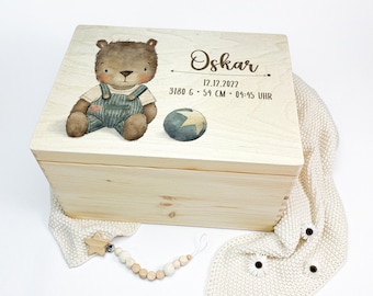 Erinnerungskiste Baby, Erinnerungskiste Bär, Geschenk Geburt, Babygeschenk Geburt, Erinnerungsbox, Holzkiste, Taufgeschenk, Oskar Nr. 08