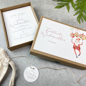 Geschenkschachtel Santa Claus Weihnachten, Gutscheinverpackung, Geldgeschenk Weihnachten personalisiert, Baumwollsäckchen + Anhänger