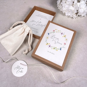 Geschenkschachtel „LEONIE“ | Geschenkbox | Geschenk zur Hochzeit | Geldgeschenk personalisiert mit Namen, Baumwollsäckchen + Anhänger