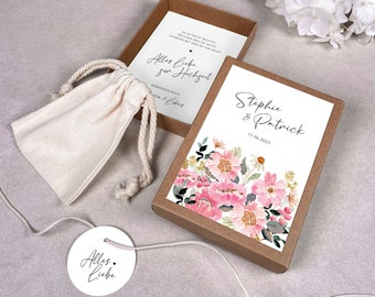 Geschenkschachtel „JOSEPHINE“ | Geschenkbox | Geschenk zur Hochzeit | Geldgeschenk personalisiert mit Namen, Baumwollsäckchen + Anhänger