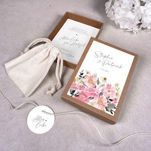 Geschenkschachtel „JOSEPHINE“ | Geschenkbox | Geschenk zur Hochzeit | Geldgeschenk personalisiert mit Namen, Baumwollsäckchen + Anhänger