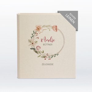 Zeugnismappe, Zeugnisordner, Geschenk personalisiert, Schule, Zeugnisse, Schulkind, Einschulung, Schulanfang, Leinen, Blumenkranz, 404007
