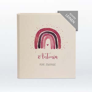 Zeugnismappe, Zeugnisordner, Geschenk personalisiert, Zeugnisse, Schulkind, Einschulung, Schulanfang, Leinen, beige, Regenbogen, 401057