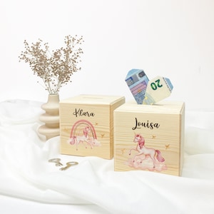 Spardose personalisiert, Spardose, Spardose Kind, Spardose Holz, Baby, Geburt, Taufe Geschenk, Geburtstag Geschenk, Einhorn, Regenbogen