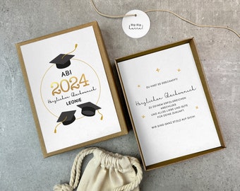 Geschenkverpackung | Geschenk Abitur Bachelor Master | Abi Geschenk | Geldgeschenk | personalisiert mit Baumwollsäckchen + Anhänger