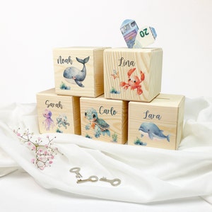 Spardose personalisiert, Spardose, Spardose Kind, Spardose Holz, Baby Geschenk, Geburt Geschenk, Taufe Geschenk, Meerestiere, Wal