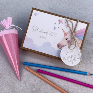 Geschenkschachtel  EINHORN zum Schulanfang | Schulkind 2025 | Geldgeschenk Einschulung | personalisiert mit Namen, Baumwollsäck. + Anhänger