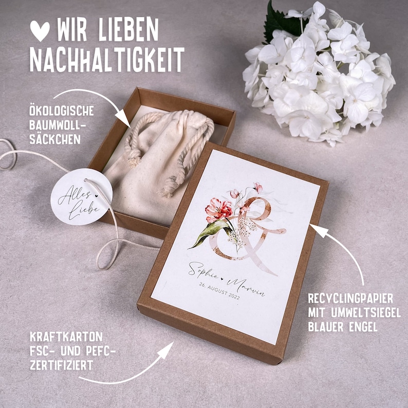 Geschenkschachtel HOPE Geschenkbox Geschenk zur Hochzeit Geldgeschenk personalisiert mit Namen, Baumwollsäckchen Anhänger Bild 3