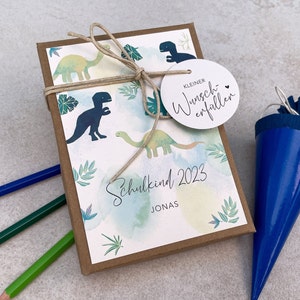 Gift box DINO for the beginning of school | Money gift for enrollment | personalized with name, cotton bag + tag