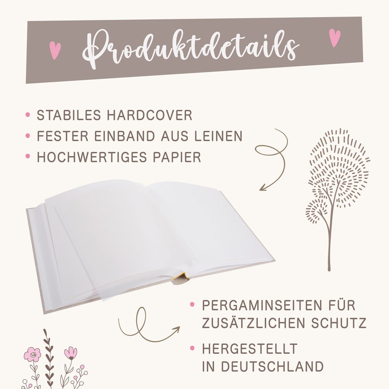 Puede incluir: Un libro cerrado con una cubierta blanca y un lomo beige. El libro est&aacute; abierto para revelar p&aacute;ginas en blanco. El texto en la p&aacute;gina dice "STABILES HARDCOVER", "FESTER EINBAND AUS LEINEN", "HOCHWERTIGES PAPIER", "PERGAMINSEITEN F&Uuml;R ZUS&Auml;TZLICHEN SCHUTZ", "HERGESTELLT IN DEUTSCHLAND".