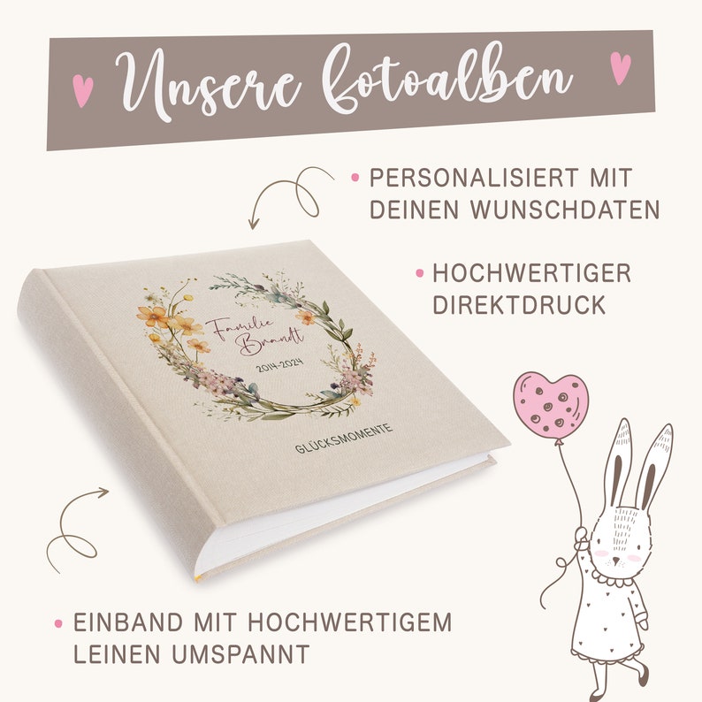 Fotoalbum, personalisiert, Familienalbum, Erinnerungsalbum, Geschenk, Geburtstag, Hochzeit, Wildblumen, Leinen, beige, Nr. 82 Bild 6