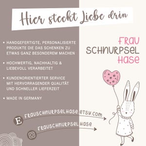 Może przedstawiać: Grafika promocyjna z tekstem "Hier steckt Liebe drin" i "FRAU SCHNURPSEL Hase." Przedstawia kresk&oacute;wkowego kr&oacute;lika z balonem w kształcie serca. Tekst wspomina r&oacute;wnież ręcznie robione, spersonalizowane produkty.