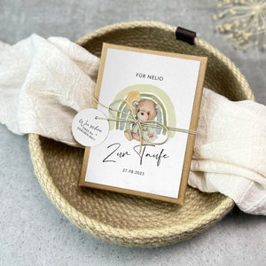 Geschenkschachtel Bär zur Taufe | Geldgeschenk zur Taufe| personalisiert mit Namen, Baumwollsäckchen + Anhänger